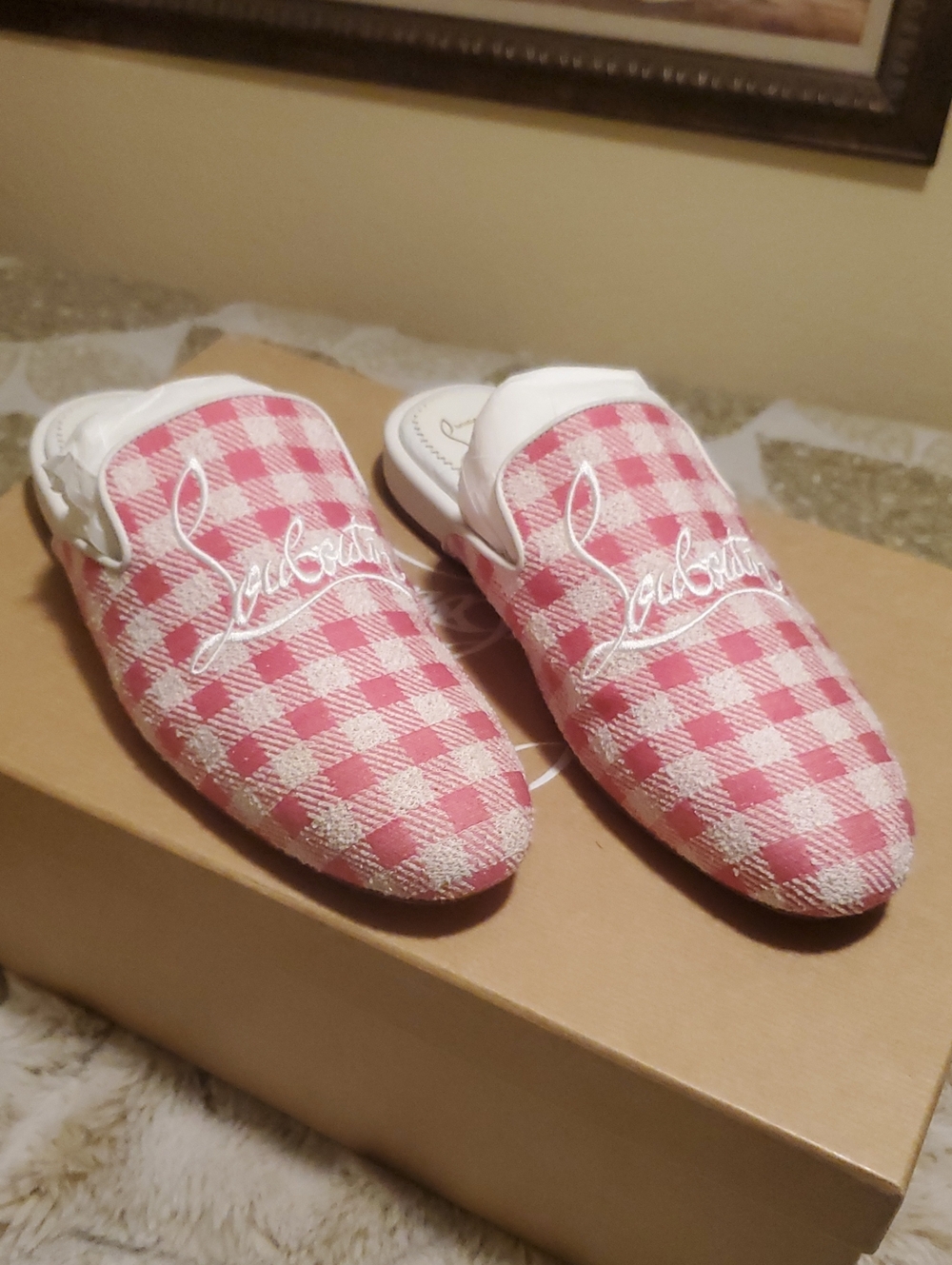 Christian Louboutin Pink & White Coolito Mules